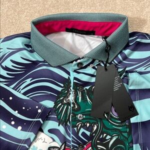 NWT Greyson Polo Shirt L Dragon‎ Boat Wave Print Golf Athletic Casual